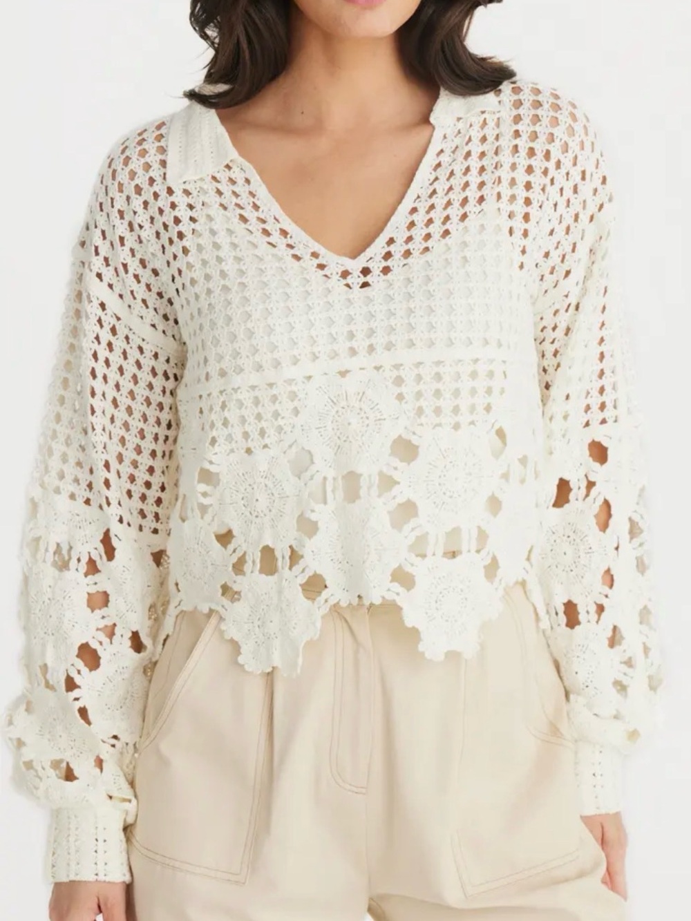 Cottagecore Boho Anthropologie Cream Crochet V-Neck Openwork Pullover